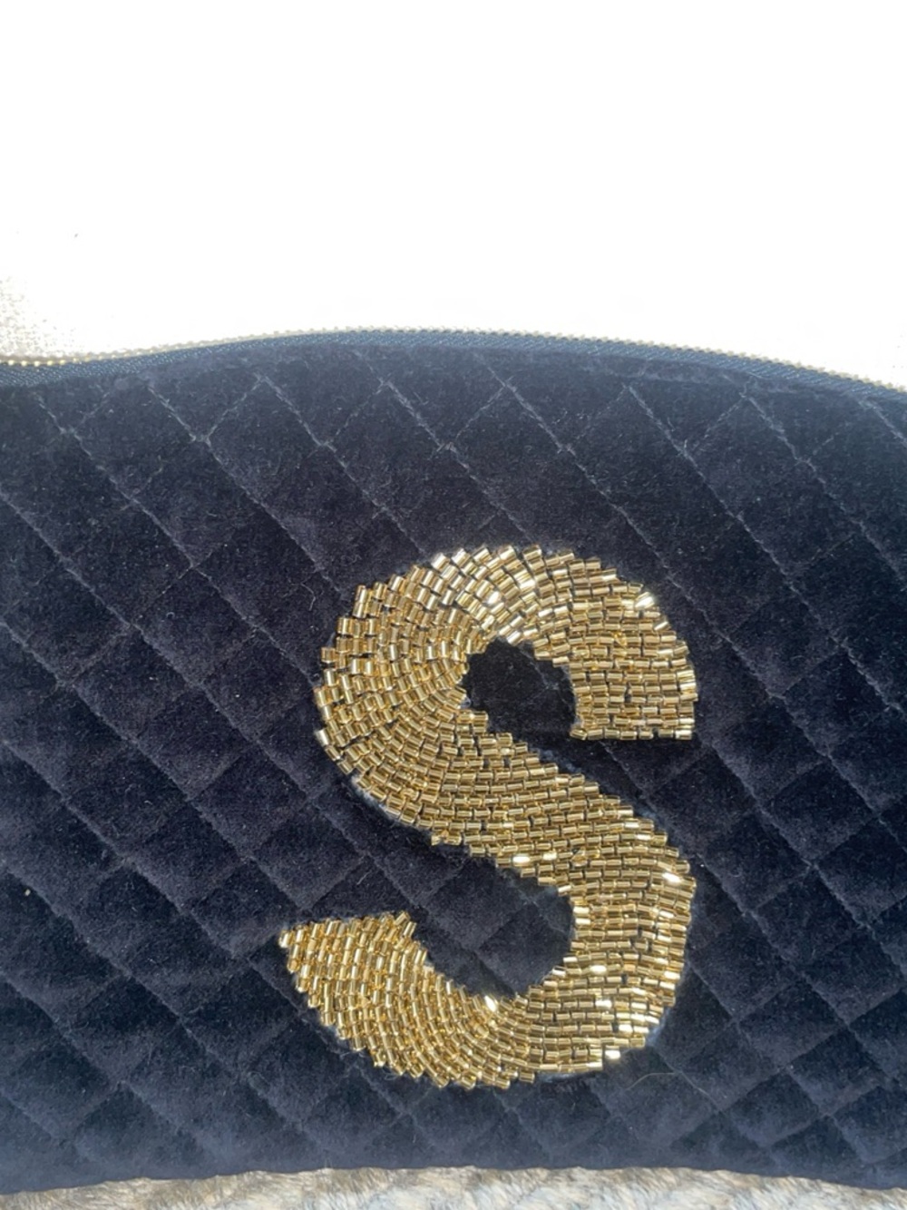 Black Quilted Velvet Cosmetic Pouch with Gold Beaded 'S' Accent